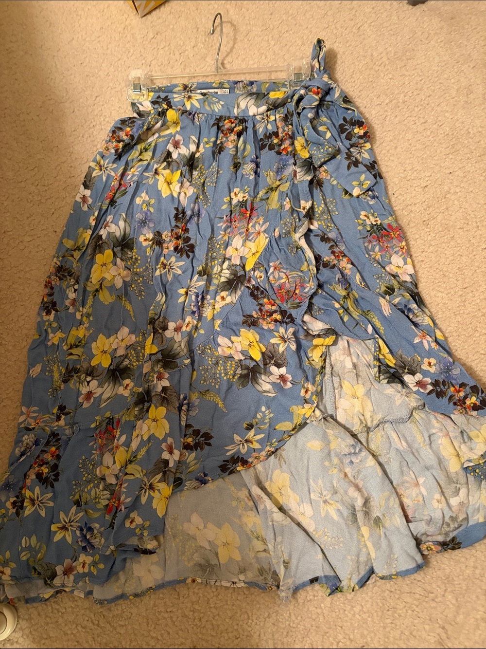 stradivarius Sky Blue Floral High-Low Wrap Skirt